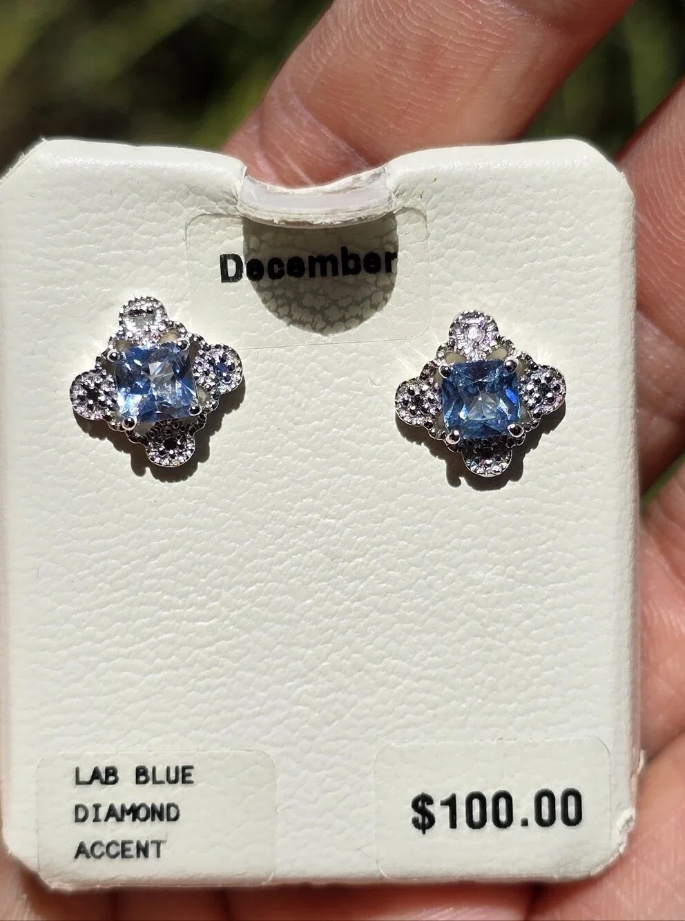 NWT sterling silver 925 blue diamond clover diamond accent December studs earrin